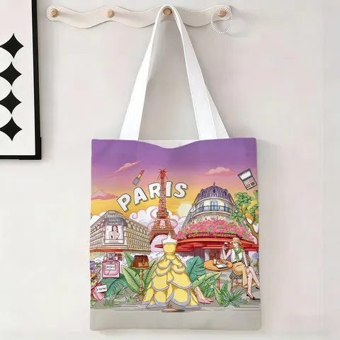 Bolso de Lona con Estampado de Arquitectura Urbana Vintage Gran Capacidad Bolso de Compras Reutilizable para Mujer Uso Diario