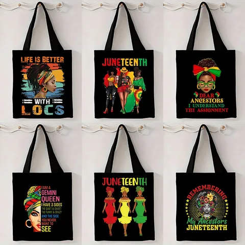 Bolso de Mano de Lona para Mujeres Afroamericanas Celebración de Juneteenth Gran Capacidad Bolso de Hombro de Poliéster Bolso de Compras Estampado para Mujer