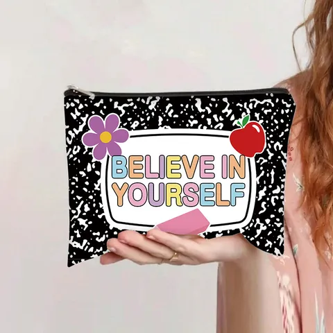 Letter Print Canvas Makeup Bag Portable Pencil Case Cartoon Student Stationery Zipper Pouch For Women Travel Daily Organizer