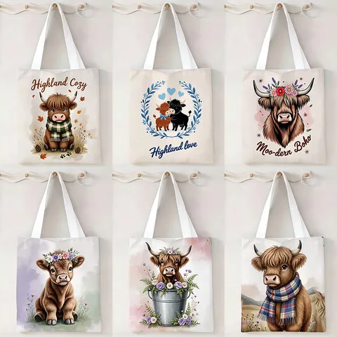 Bolso de Lona Con Estampado de Vaca de las Tierras Altas Gran Capacidad Bolsa de Compras Reutilizable Para Mujer Lindo Bolso de Hombro Animal