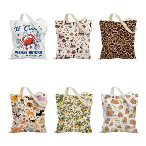 Large Capacity Canvas Tote Bag Cotton Shoulder Bag With Animal Floral Illustration Graphic Print For Students Women Daily Shopping