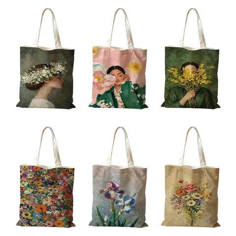 Borsa Tote in Tela con Pittura a Olio Vintage Ragazza Grande Capacità Artistica Stampata Borsa a Tracolla Portatile per Studentesse Donne