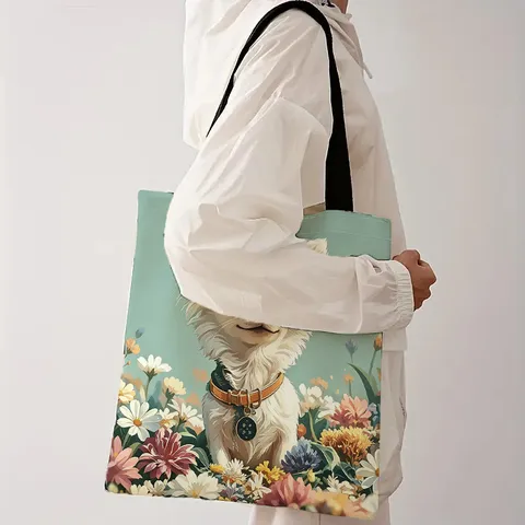 Bolso Tote de Lona de Gran Capacidad para Mujeres Estudiantes Bolsa de Compras Reutilizable Patrón Artístico de Gato Perro Flor