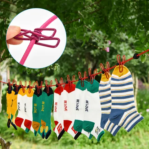 Portable Elastic Travel Clothesline With Clips Windproof Anti Slip Plastic Coated Outdoor Camping Clothes Drying Rope