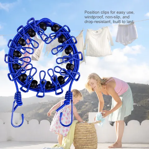 Portable Elastic Travel Clothesline With Clips Windproof Anti Slip Plastic Coated Outdoor Camping Clothes Drying Rope