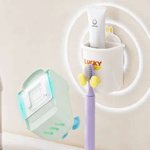 Cute Rabbit Toothbrush Holder Wall Mounted Punch Free Mouthwash Cup Toothpaste Storage Rack Bathroom Organizer