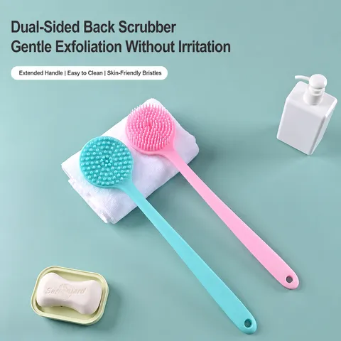 Long Handle Silicone Body Brush Double Sided Back Scrubber Soothing Exfoliating Bath Shower Brush Soft Bristles Massaging Cleansing Brush For Bathroom Daily