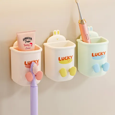 Cute Rabbit Toothbrush Holder Wall Mounted Punch Free Mouthwash Cup Toothpaste Storage Rack Bathroom Organizer