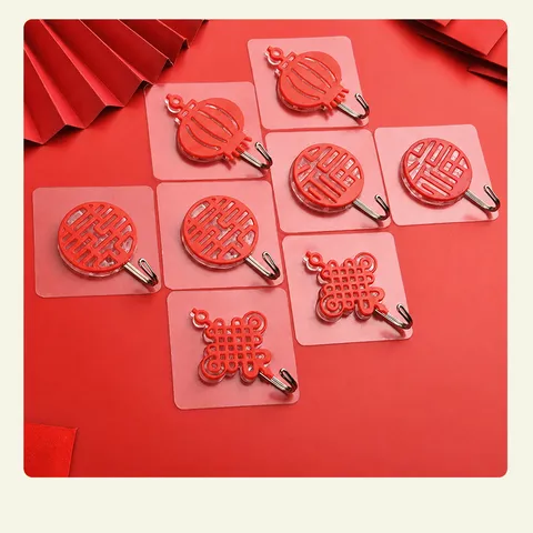 Chinese New Year Festive Adhesive Hooks Plastic Red Traditional Wall Hanging Ornament Multi-Functional Wall Mount Utility Organizer Hooks For Home Kitchen Decoration