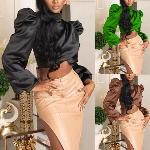 Women Elegant Mock Neck Long Sleeve Top Fall Casual Slim Fit Cropped Pullover Blouse Fashion Stain Solid Color Puff Sleeve Top