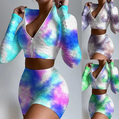 Women Tie Dye Printed Top And Bottom Long Sleeve Zipper Sports Jacket Shorts Casual Activewear Polyester Spandex Athletic Clothing