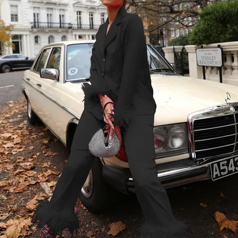 Women Satin Top And Bottom Notch Lapel Blazer Straight Long Pants Elegant Solid Color Long Sleeve Feather Trim Outfits