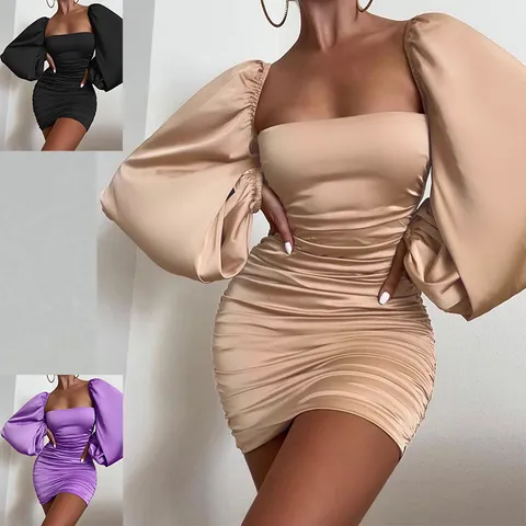 Sexy Women Square Neck Backless Bodycon Dress Satin Long Puff Lantern Sleeve Ruched Solid Color Mini Dress Nightclub Party Dress