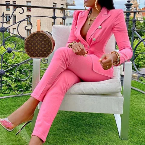 Women Elegant Solid Color Lapel Blazer Top And Bottom Elegant Double Breasted Blazer Jacket Straight Leg Pants Outfits