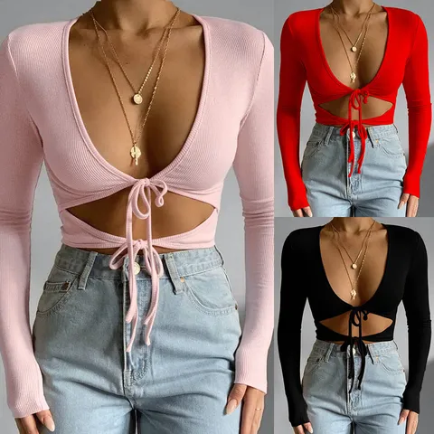 Women Sexy V Neck Drawstring Ribbed Knit Crop Top Polyester Solid Color Long Sleeve Slim Fit T-Shirt Everyday Casual Top