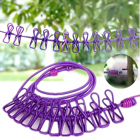 Portable Outdoor Travel Clothesline With 12 Clips Windproof Elastic Clothes Line Adjustable Laundry Rope For Home Outdoor Camping