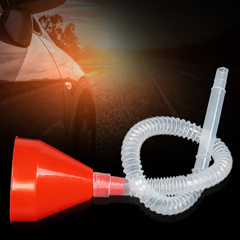 Plastic Automotive Motorcycle Fuel Funnel Red Oil Funnel With Long Flexible Extension Hose For Car Refueling