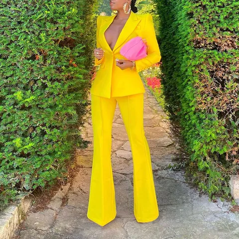 Elegant Solid Color Scuba Fabric Blazer And Pants Suit For Office Wear Casual Double Breasted Long Jacket Trouser Top And Bottom Set Women
