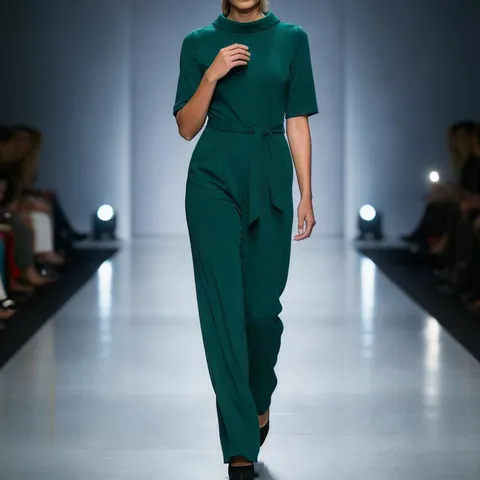 Women Casual Solid Lapel Half Sleeve High Waist Jumpsuit With Belt Wide Leg Commuter Loose Long Pants Romper Elegant Overall