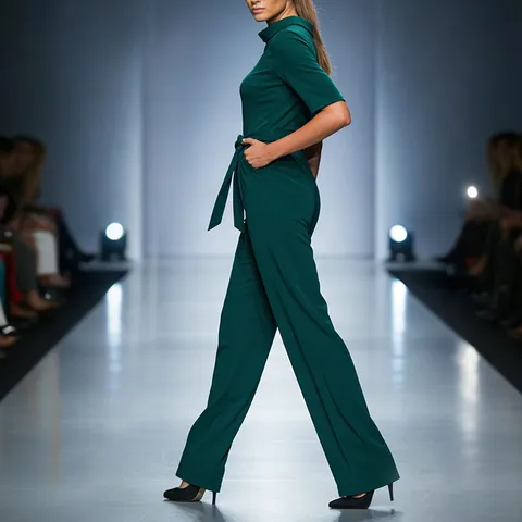 Women Casual Solid Lapel Half Sleeve High Waist Jumpsuit With Belt Wide Leg Commuter Loose Long Pants Romper Elegant Overall