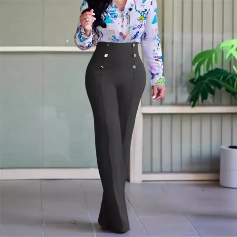 Women High Waist Straight Leg Long Pants Button Decor Solid Casual Office Woven Spandex Elegant Commute Trousers For Lady