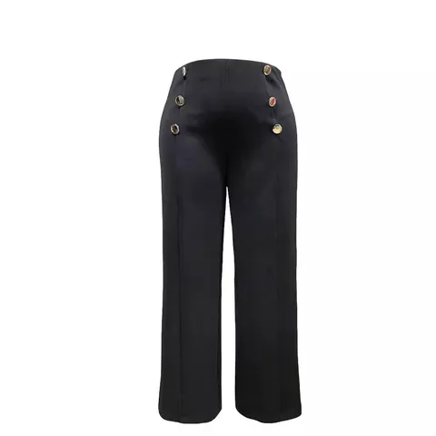 Women High Waist Straight Leg Long Pants Button Decor Solid Casual Office Woven Spandex Elegant Commute Trousers For Lady