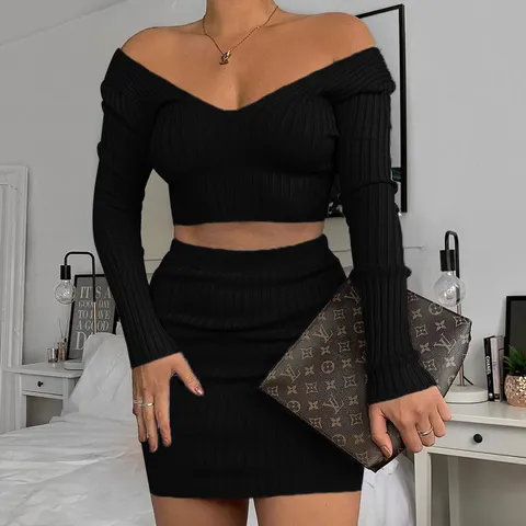 Women's Elegant Long Sleeve V-Neck Ribbed Knit Top And Bodycon Skirt Set Casual Two Piece Outfit