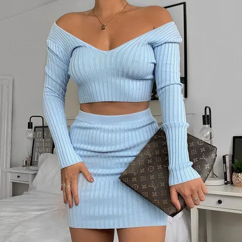 Women's Elegant Long Sleeve V-Neck Ribbed Knit Top And Bodycon Skirt Set Casual Two Piece Outfit