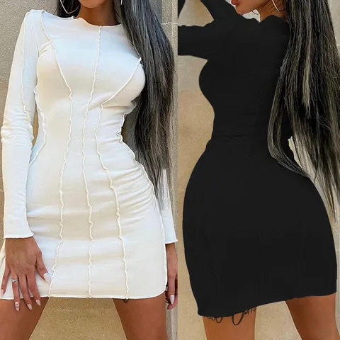 Women's Sexy Bodycon Long Sleeve Dress Solid Color Slim Fit Crew Neck Midi Dress Urban Commuter Fashion Apparel