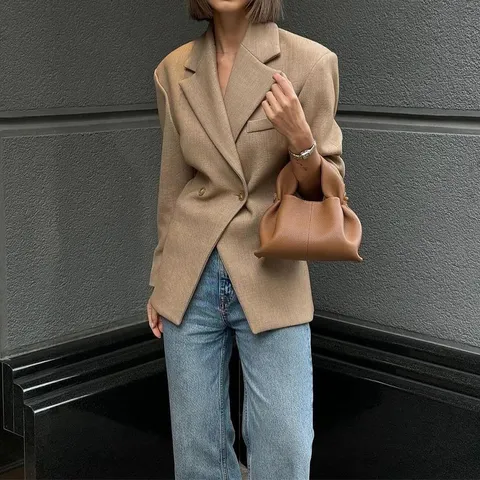 Women's Casual Blazer Jacket Long Sleeve Lapel Double-Breasted Solid Color Autumn Business Office Outerwear Coat