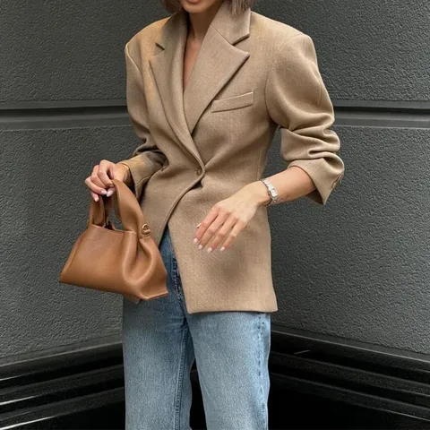 Women's Casual Blazer Jacket Long Sleeve Lapel Double-Breasted Solid Color Autumn Business Office Outerwear Coat