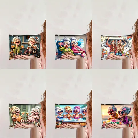 Humoristische Cartoon Oudere Vrouwen Print Canvas Make-up Tas Grote Capacità Draagbare Rits Toilettas Vrouwen Reizen Clutch
