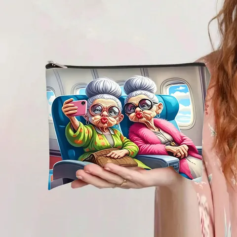 Humoristische Cartoon Oudere Vrouwen Print Canvas Make-up Tas Grote Capacità Draagbare Rits Toilettas Vrouwen Reizen Clutch