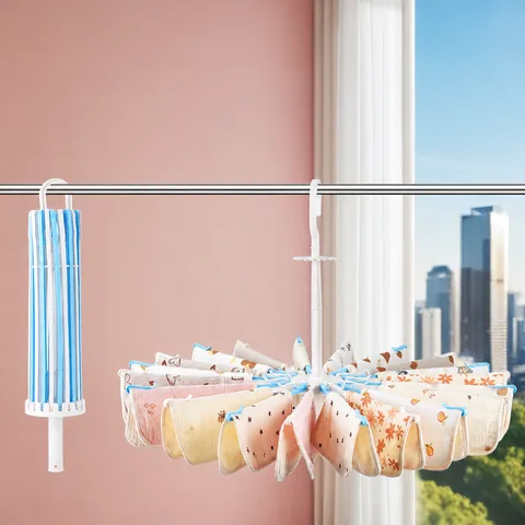 Plastic Umbrella Shape Multi-Clip Rotating Clothes Hanger Baby Diaper Drying Rack Folding Household Laundry Organizer