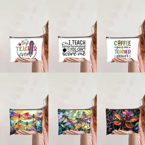 Dreamy Watercolor Dragonfly Print Canvas Makeup Bag Teacher Gift Portable Toiletry Pouch Witch Medical Student Stationery Pencil Case Zipper Cosmetic Bag