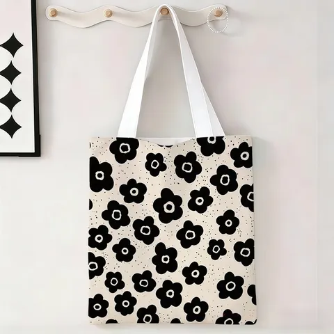 Bolso Totem de Lona Artístico para Mujer Ecológico Reutilizable Gran Capacidad Bolso de Hombro Estampado Floral Bolsa de Compra