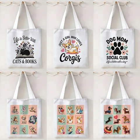 Bolso de Lona con Estampado de Animales de Dibujos Animados Gran Capacidad Reutilizable Bolso de Mano de Algodón Para Mujeres Estudiantes Bolso de Hombro Informal