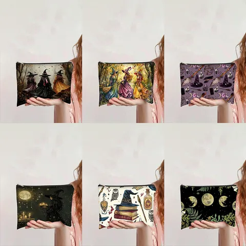 Halloween Witch Printed Canvas Makeup Bag Vintage Magic Element Large Capacity Toiletry Organizer Portable Zipper Cosmetic Pouch Women Gift