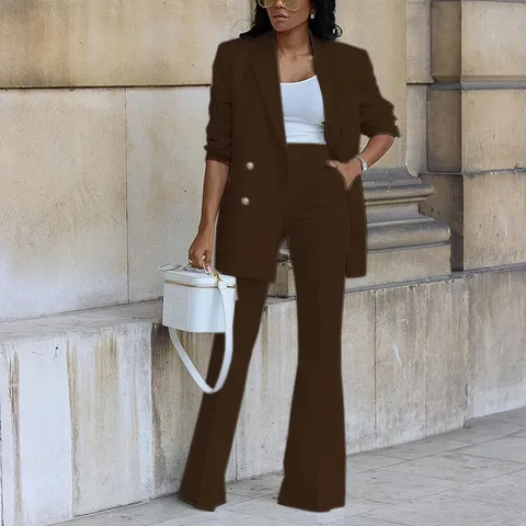 Women Casual Solid Color Long Sleeve Double-Breasted Blazer And Wide Leg Pants Two Piece Suit Set Commuter Office Outfits