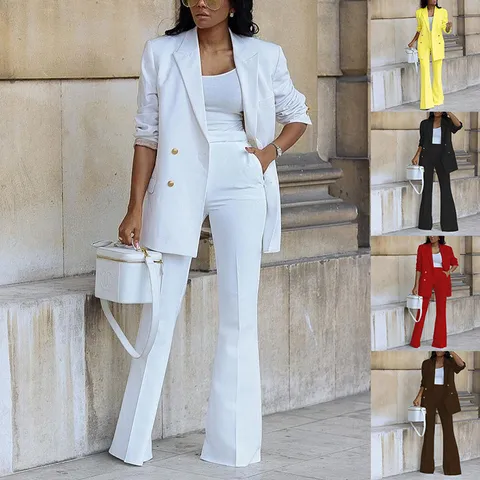 Women Casual Solid Color Long Sleeve Double-Breasted Blazer And Wide Leg Pants Two Piece Suit Set Commuter Office Outfits