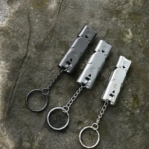 Stainless Steel Survival Whistle Double Tube High Frequency Emergency Whistle With Keychain For Outdoor Camping Hiking