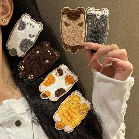 Cute Cartoon Cat Velcro Hair Patch Sweet No Trace Fringe Grip Chenille Embroidery Kitty Hair Clip For Women Girl Accessory