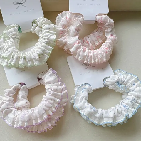 Women's Small Fresh Cotton Fabric Polka Dot Bow Hair Scrunchies Sweet Ruffle Floral Hair Ties For Girls Daily Hair Accessories