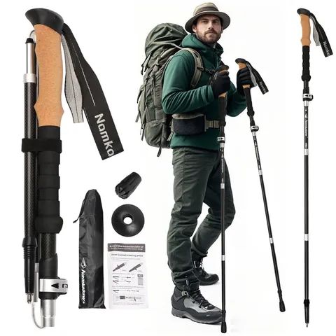 Carbon Fiber Foldable Trekking Pole Lightweight Adjustable Outdoor Hiking Walking Stick With Cork Handle