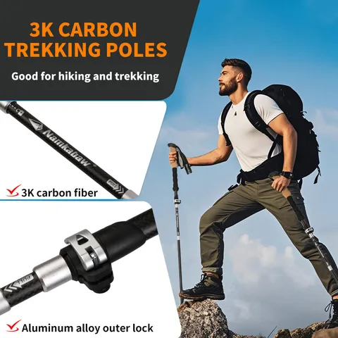 Carbon Fiber Foldable Trekking Pole Lightweight Adjustable Outdoor Hiking Walking Stick With Cork Handle