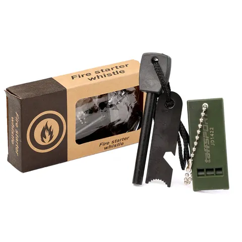 Outdoor Survival Vuurstarter Fluitje Set Magnesium Vuursteen Schraper Met Kraft Doos Voor Kamperen Wandelen