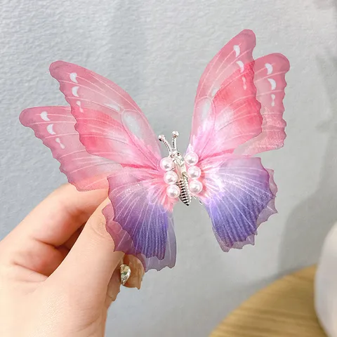 Moving Butterfly Hair Clip For Girls Sweet Mesh Gradient Artificial Pearl Fluttering Wing Hairpin Alloy Kids Hair Accessories