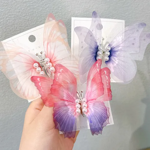 Moving Butterfly Hair Clip For Girls Sweet Mesh Gradient Artificial Pearl Fluttering Wing Hairpin Alloy Kids Hair Accessories
