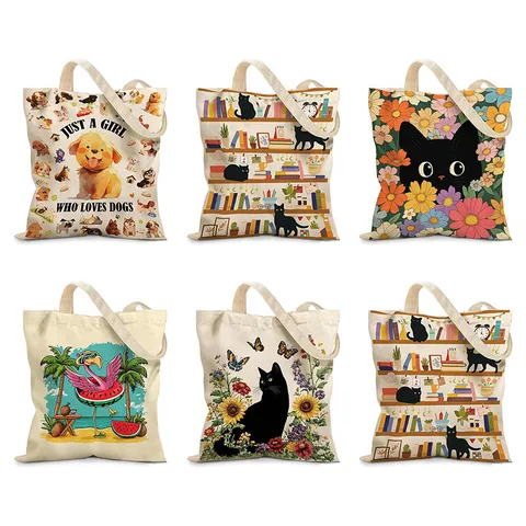 Linda Bolsa de Mano de Lona con Estampado de Animales de Dibujos Animados Gran Capacidad Bolsa de Compras Reutilizable Artística Fresca Bolsa de Hombro de Tela Espesada