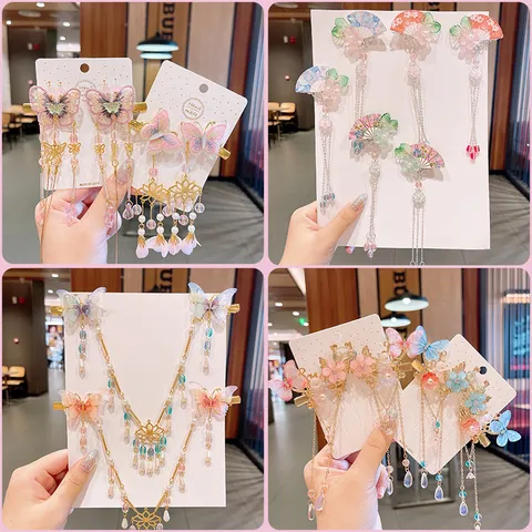 Vintage Chinese Style Butterfly Floral Hair Clips Long Tassel Hanfu Accessories Handmade Bows Beads Hairpins For Kids Girls Jewelry
